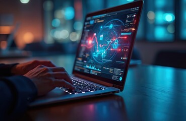 Person closely focused on laptop screen. Analyst monitoring network traffic. Modern security tech. Intensive data protection effort. Potential threats detected. Nighttime work. Digital interface