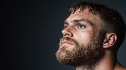 Obraz premium Thoughtful man, pensive gaze, dark background, studio portrait, website banner