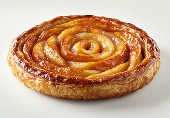 Delicious apple tart with beautifully arranged caramelized apple slices resembling a flower served on a light background for a gourmet dessert presentation.