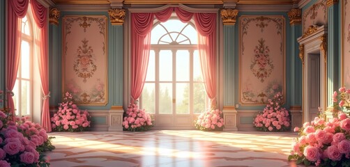 Luxury palace hall with big windows elaborate frescoes, murals. Abundant pink roses, flowers decorate walls, floor. Ideal for wedding background. Classic architecture, ornate details. Suggests rich