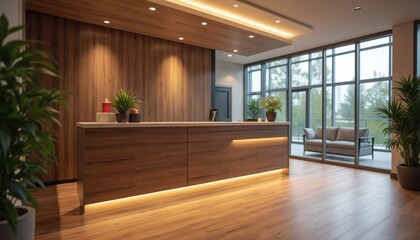 Modern office reception area. Warm inviting atmosphere with wooden furniture, plants. Empty space. Contemporary design with comfortable lounge area. Large windows give city views. Luxury interior