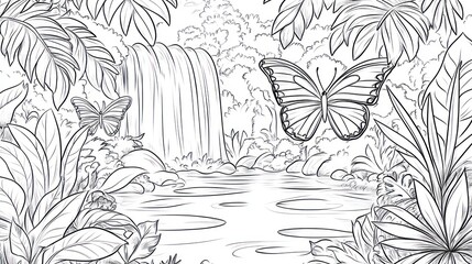 Rainforest waterfall butterflies coloring page