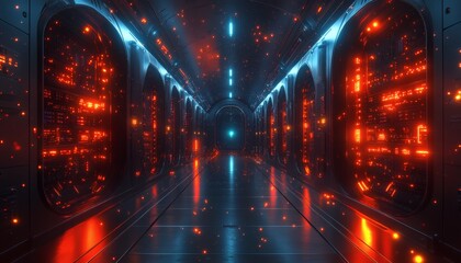 A futuristic, glowing corridor with illuminated server racks on either side