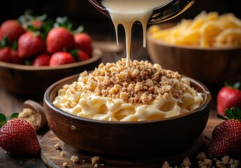 Delicious creamy dessert with crumble topping and fresh strawberries served in a rustic bowl, perfect for sweet indulgence and food photography sessions.