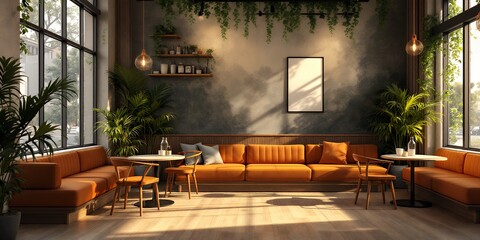 Urban Interior Design with Warm Colored Couches and Sunlight Streaming Through Large Windows