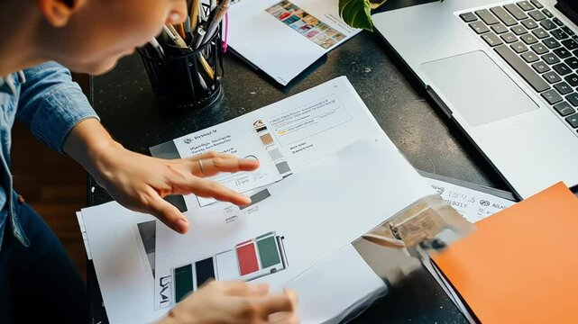 Man reviewing color swatches and designs on a desk