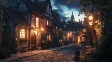 A small town street at night with a few houses and a church