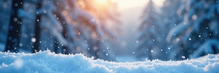 Snowflakes gently fall on a serene winter landscape, cold climate, snowfall