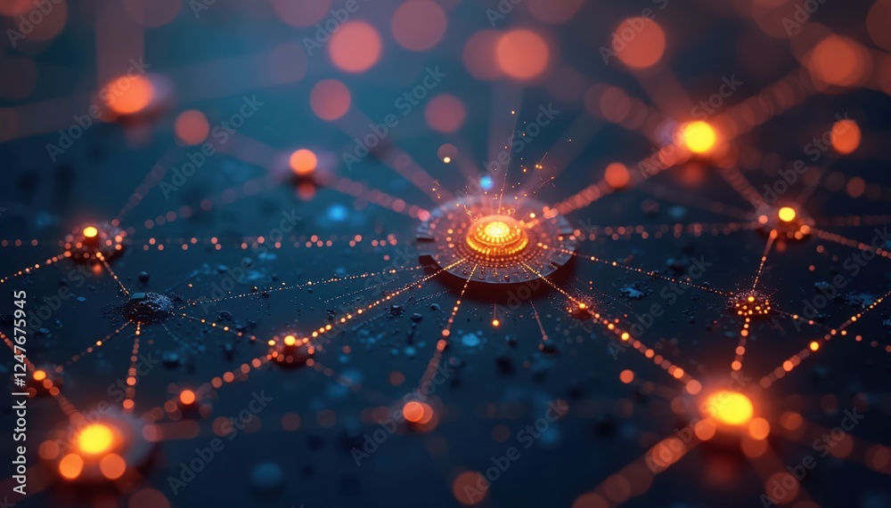 Poster abstract glowing network of nodes, connections represents deep learning process. ai tech system show