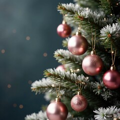 Fototapeta premium Tree branches adorned with silver ornaments and pink glass balls, winter wonderland, gold, monochromatic