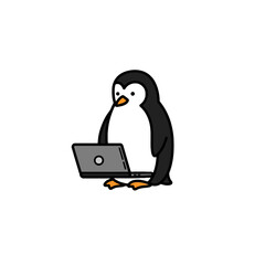 Cartoon Penguin Using Laptop Representing Technology and Adorableness