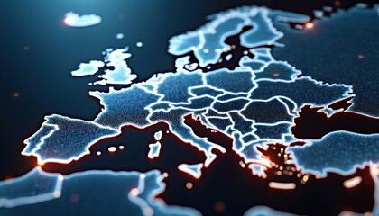 Detailed map of Europe with glowing lines representing tech connections. Futuristic look of network connecting European countries. Global internet network visualization data transfer, communication.