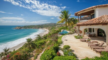 Naklejka premium A beachfront villa with open terraces and panoramic ocean views