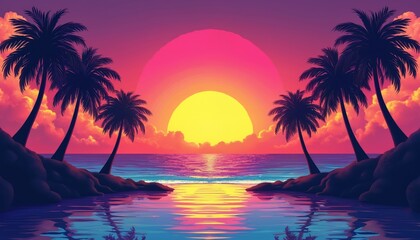 Tropical beach scene at sunset. Palm trees line calm ocean shore. Vibrant colors like neon orange yellow purple, blue create retro 80s 90s aesthetic. Waves gently lap shore. Calm, relaxing scene.