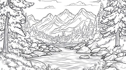 Mountain river landscape drawing, peaceful nature scene, coloring book page