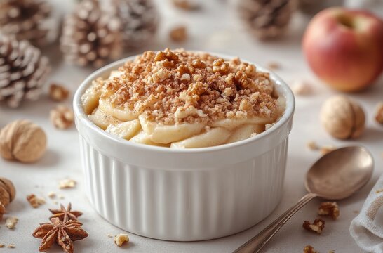 Delicious homemade apple crumble dessert served in a white ramekin with a sprinkle of nuts and cinnamon on a festive table setting