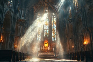 Sunbeams illuminate Gothic church altar