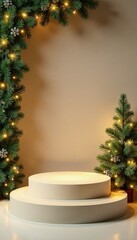 Twinkling lights and lush greenery adorn this simple yet elegant beige-painted podium, Winter wonderland, Christmas decoration