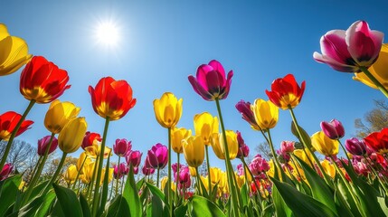 Fototapeta premium A field of flowers with a bright blue sky in the background