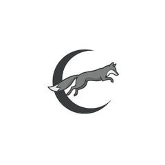 Leaping Fox Over Crescent Moon Symbol in Minimal Monochrome Design Illustration