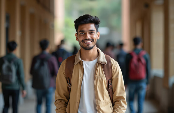 Young Indian student stands in university hall. Smiling confidently with backpack. Casual yet professional attire. Modern campus setting. Positive expression. Happy student life.