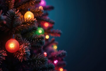 twinkling rainbow lights on a Christmas tree at night, night, colors