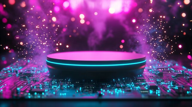 Minimalist Luxury Podium on a Cybernetic Circuit Board with Glowing Wires, Neon Cyan and Purple Lights, and Holographic Particles. Copy space. Generative AI