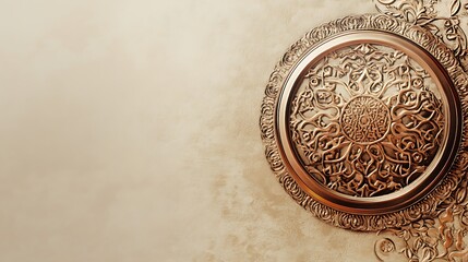Fototapeta premium Elegant Ornate Gold Medallion on Beige Wall