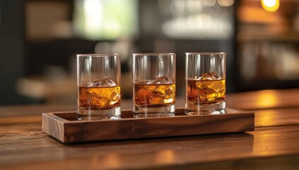 Whiskey tasting, bar setting, ice, wood tray, blurred background