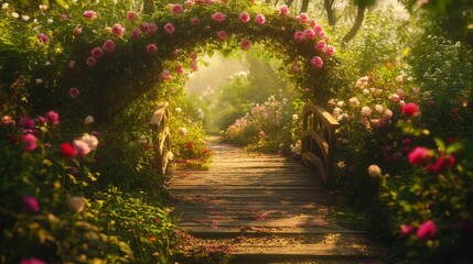 Fototapeta premium A bridge over a garden with pink flowers