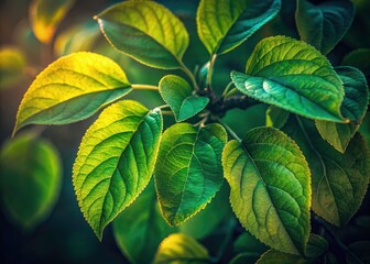 Naklejka premium Spring's dark apple leaves glow faintly in the night; bokeh and low light create a moody orchard scene.