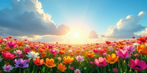 Un campo de flores en flor bajo un cielo anaranjado, flores, hermoso