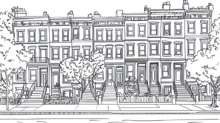 Obraz premium Row houses, city street, spring trees, neighborhood illustration, real estate