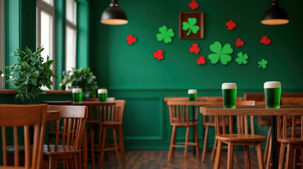 Saint Patrick's Day decorated bar with green beer on tables and shamrock wall art