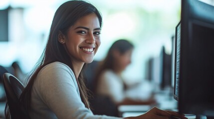 In a contemporary office environment, a young woman radiates positivity as she works intently on her computer, surrounded by a collaborative atmosphere and colleagues