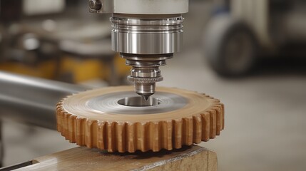 CNC Machining of a Large Wooden Gear in Industrial Setting
