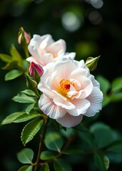 Beautiful fresh musk rose rosa moschata flowers in early summer bokeh green bokeh green abstract background light bright blur pattern