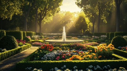 A beautiful garden with a fountain in the middle