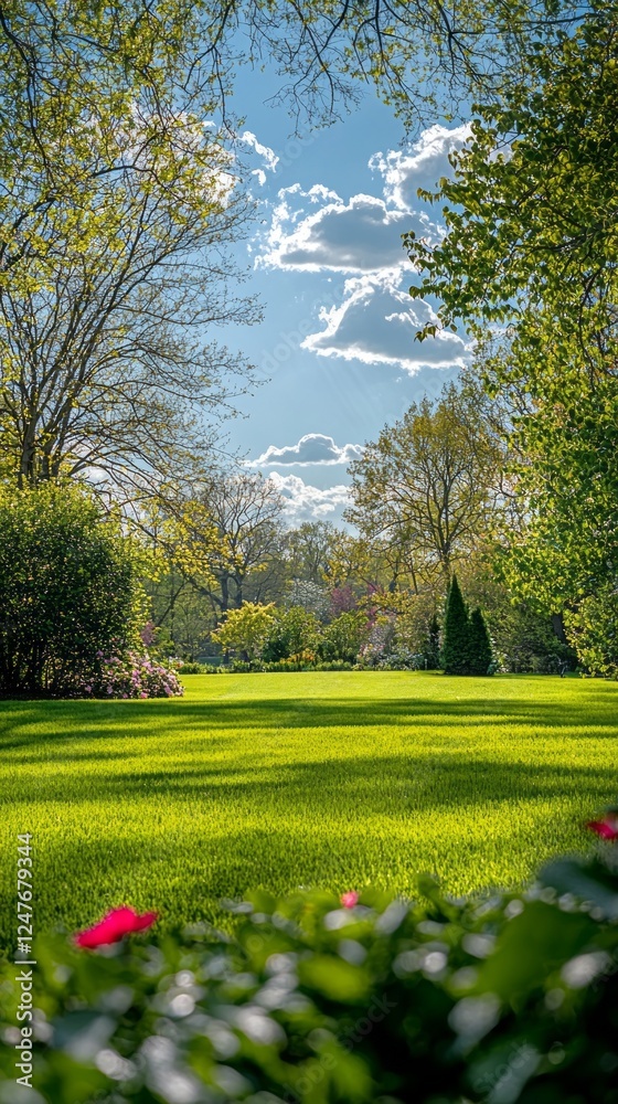 Poster this stunning spring backdrop features a pristine lawn surrounded by rich foliage, bathed in sunligh