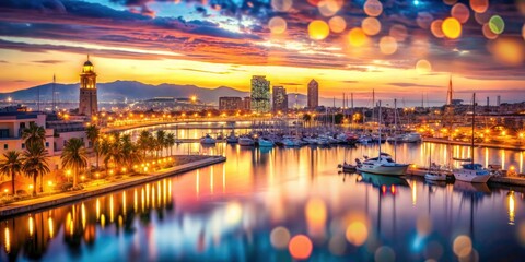 Fototapeta premium Stunning bokeh captures Barcelona's Port Olimpic nightlife, the Mediterranean Sea shimmering under a dusky sky.