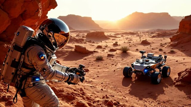 An astronaut on the surface of Mars explores the red planet, setting up equipment and a rover. A breathtaking view of the Martian landscape highlights the importance of colonizing Mars for the future 