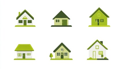 Six green eco-friendly house icons; sustainable living