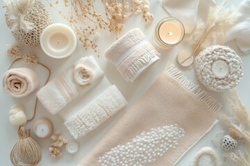 Conjunto de itens de spa com toalhas, velas e elementos decorativos em tons neutros, capturados com luz natural suave, criado com IA generativa.