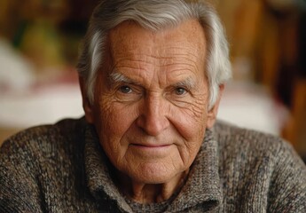 Close up portrait of a mature person with graying hair, looking directly at the camera. Soft lighting emphasizes facial features
