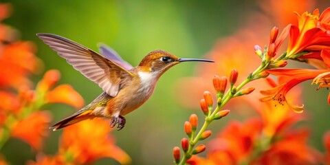 Fototapeta premium Stunning nature photography captures a rufous hummingbird's panoramic feeding frenzy on bright crocosmia blossoms.