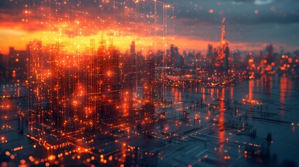 Fototapeta premium Futuristic city sunset, digital data streams, cityscape, technology