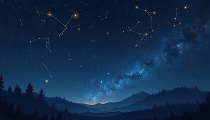 Night sky with highlighted zodiac constellations. Silhouettes of mountains, trees. Beautiful celestial design. Ideal for wallpaper poster. Features detailed stars, nebulae. Stunning cosmic scene.