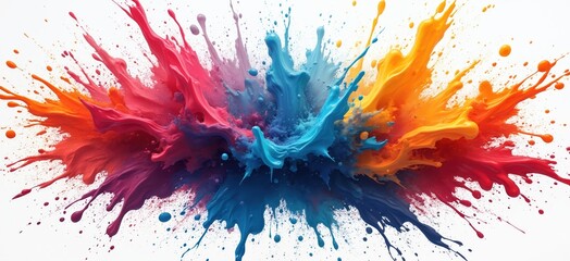 Fototapeta premium Colorful paint splashes in vibrant colors burst across white background. Abstract art design featuring dynamic color mixing creating colorful explosion. Vivid colors, artistic design make perfect