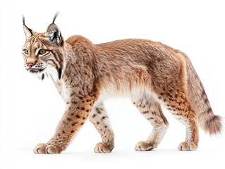 Obraz premium Portrait of a Majestic Eurasian Lynx Walking Confidently on White Backdrop