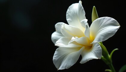 Delicate white flower bloom in dramatic light. Close-up view of petals texture, grace against black background. Floral beauty, serenity. Elegant artistic photo of flower. Natural organic blossom.